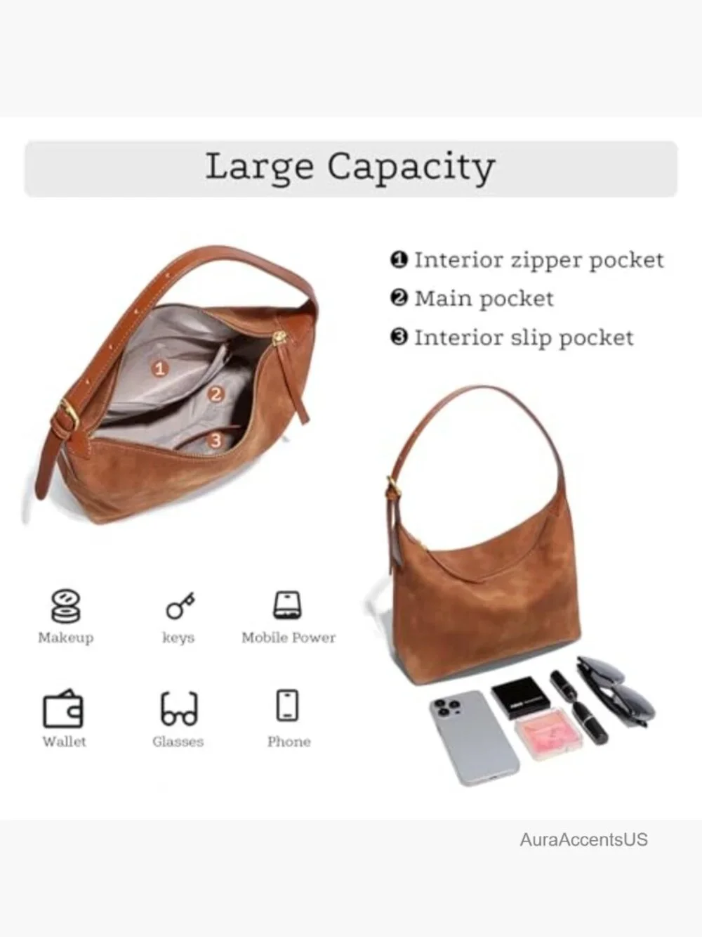 Faux Suede Hobo Bag with 2 Straps, Lightweight Soft Shoulder Crossbody Purse